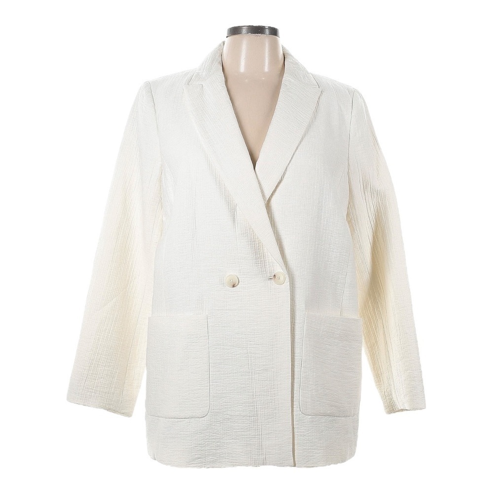 Talbots Textured Ivory Longline Blazer Size 12 NWT Double Breasted Boxy Jacket